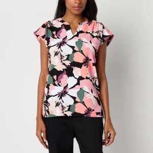 Liz Claiborne Women's Floral Print Short Sleeve V Neck Shirt Size XXL
